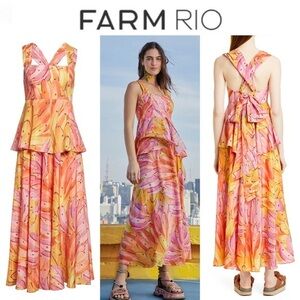FARM RIO Banana Print Tie Back Maxi Dress S